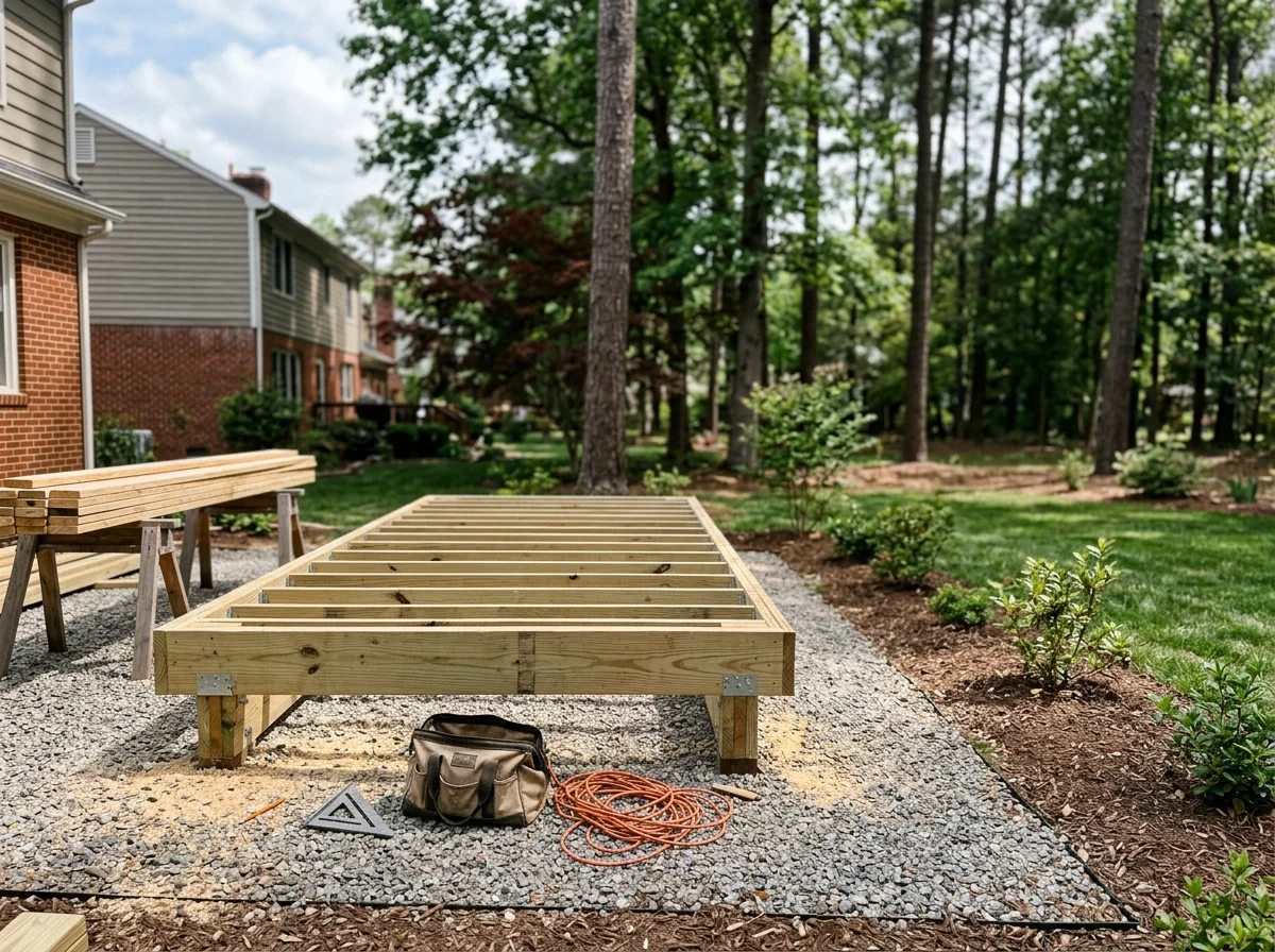 Outdoor deck construction area with lumber, fasteners, and building tools arranged near a partially built wood frame.