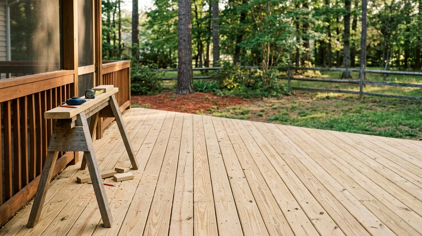 Carpenter building a screened porch for a home in Petersburg, Virginia