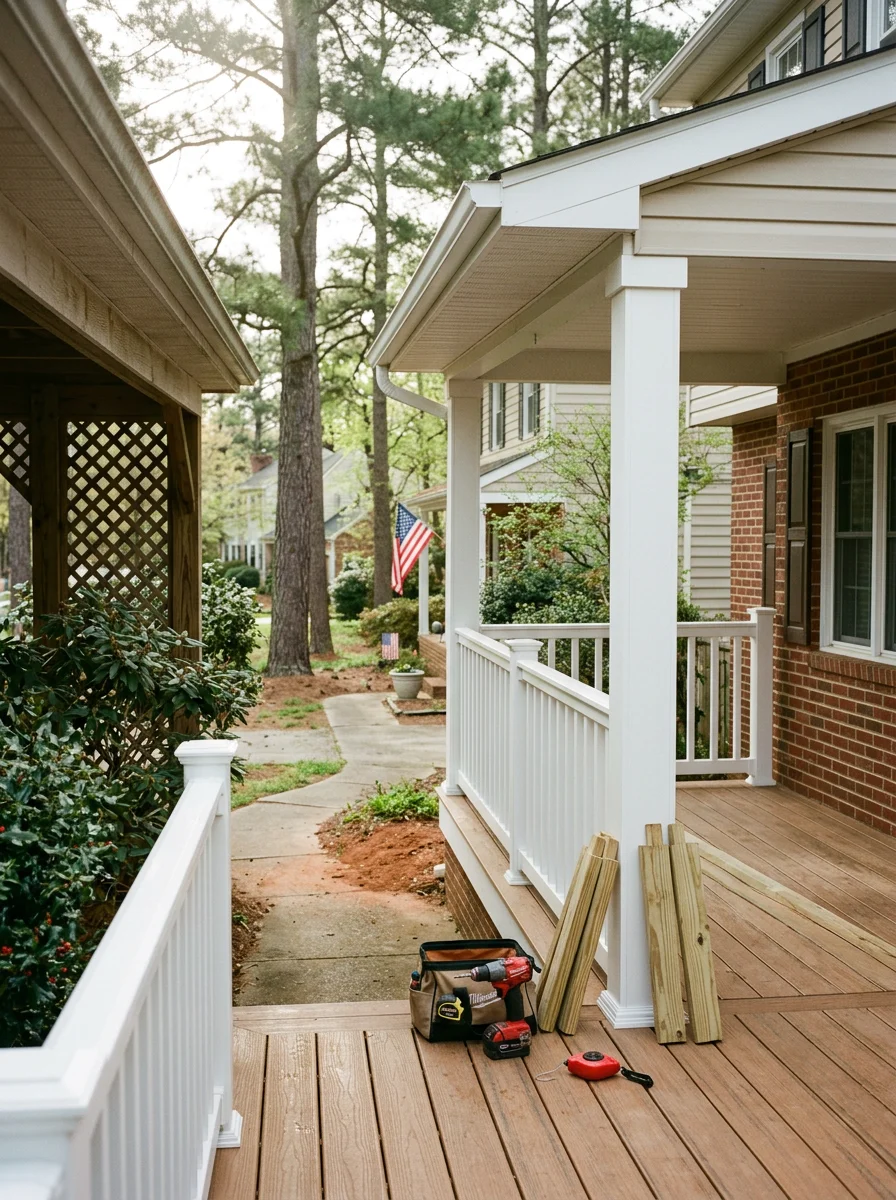 Covered porch with new railings on a Chester, VA home