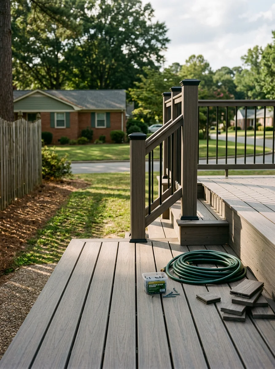 Close-up portrait view of composite deck boards and stair railing on a recently completed deck build in a Chesterfield, VA neighborhood, showing tight board spacing and clean post caps.