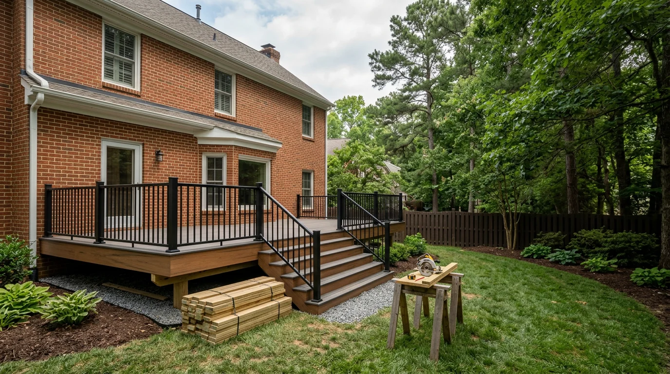 A new composite deck with wood-tone boards and black metal railings attached to the back of a brick-front colonial home in a Chesterfield County, Virginia subdivision, surrounded by mature trees.