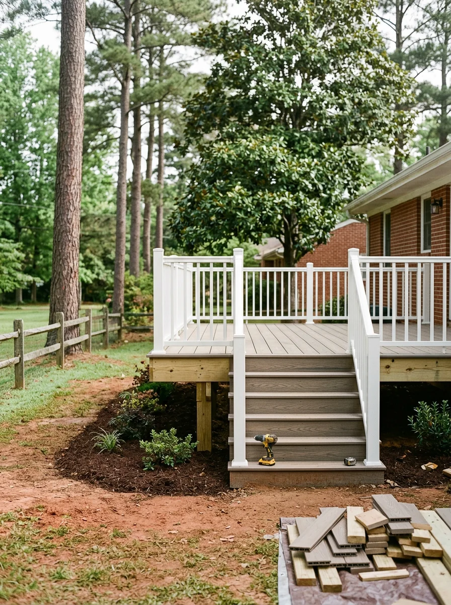 Portrait view of a freshly built deck replacement on a mid-century Colonial Heights, VA home, showing composite decking boards, a single set of stairs to grade, and a clean post-and-rail system.