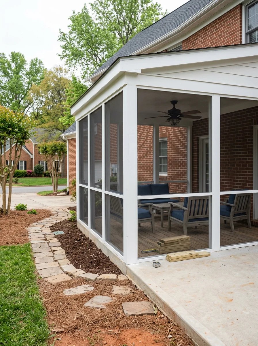 Portrait view of a screened porch addition on a Glen Allen, VA suburban home, showing white-painted wood framing, full-height screen panels, and a ceiling fan above a set of outdoor furniture.