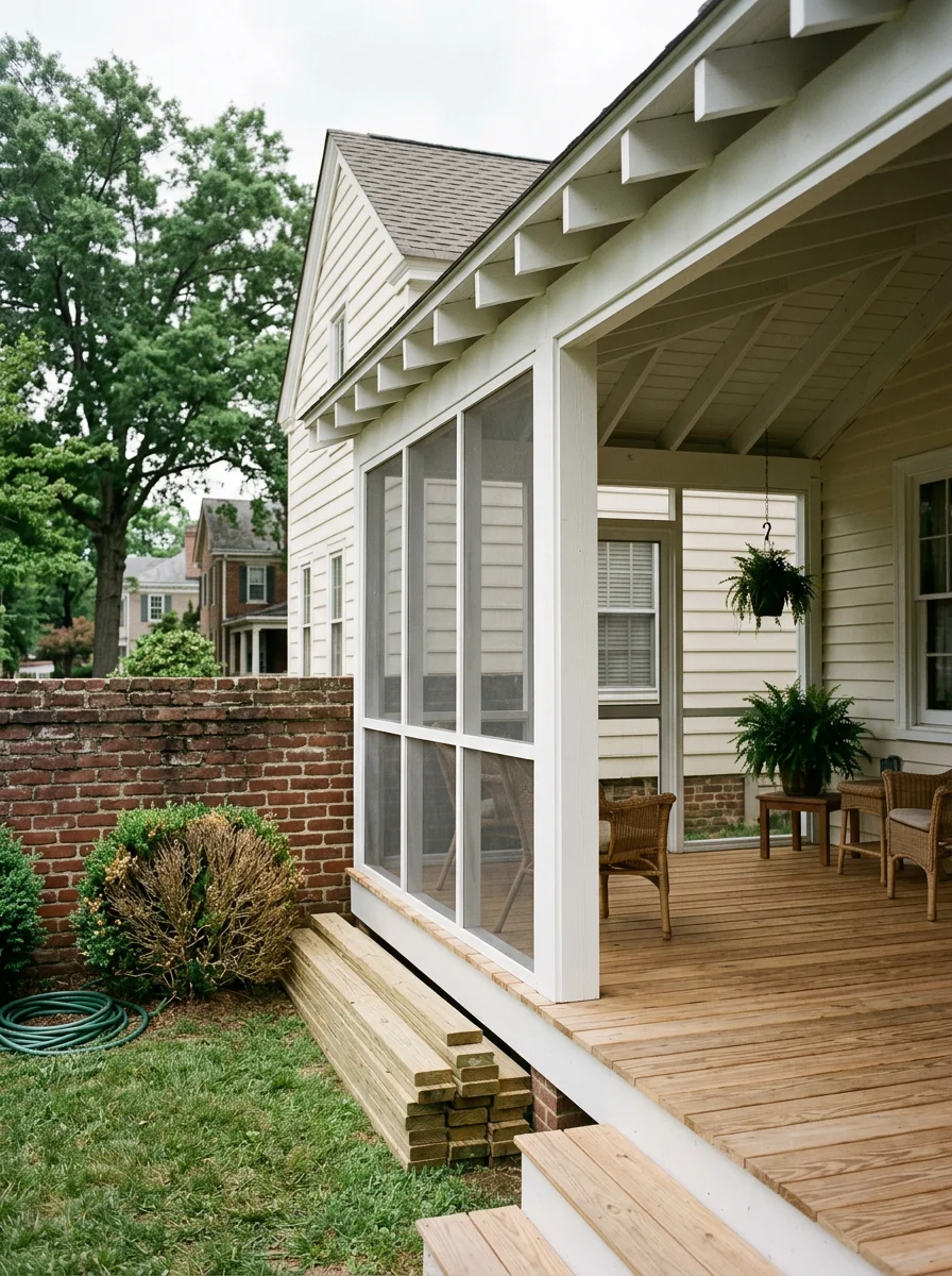Portrait view of a screened porch enclosure on a historic Petersburg, VA home, showing white-painted wood framing, screen panels, and a view of a covered porch ceiling with exposed rafters.