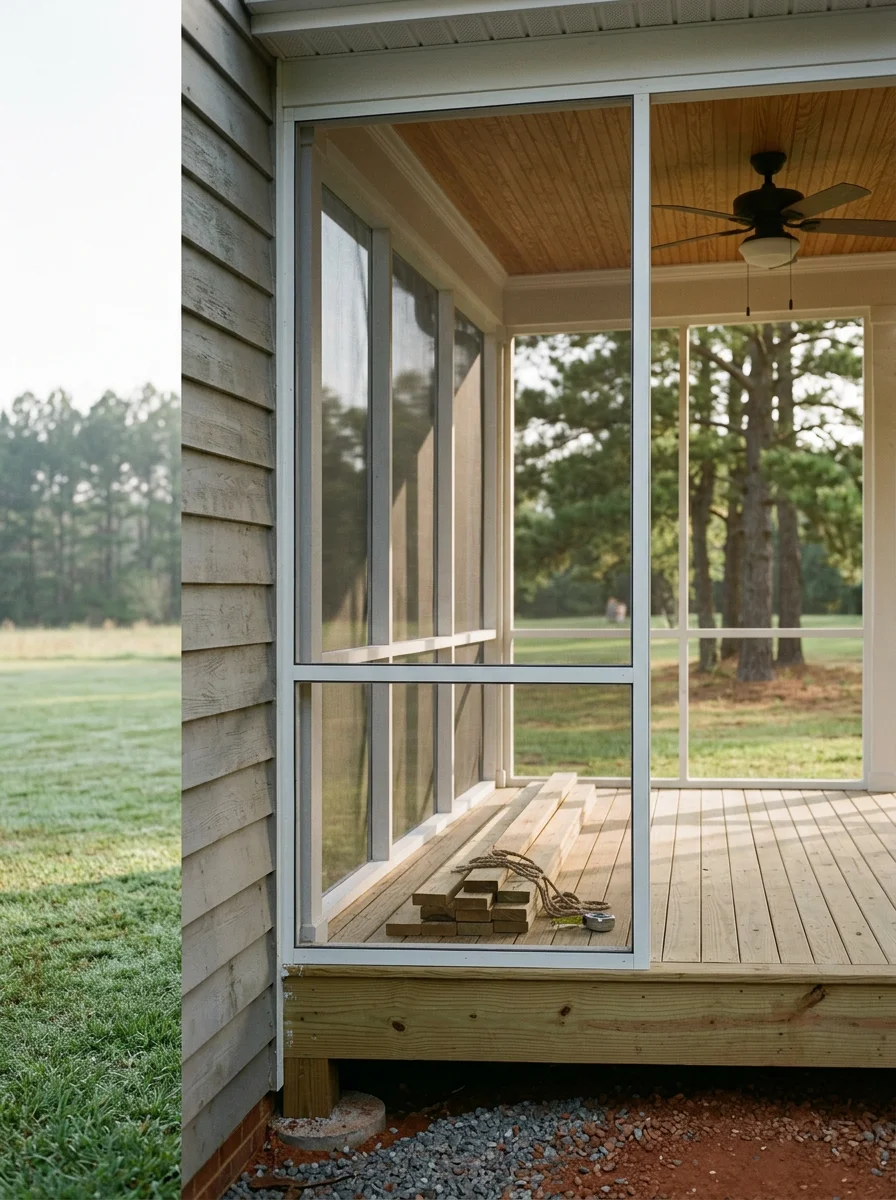 Portrait view of a screened porch addition on a Prince George County, VA home, showing wood-framed screen panels, a ceiling fan, and a view of a large grassy backyard through the screens.