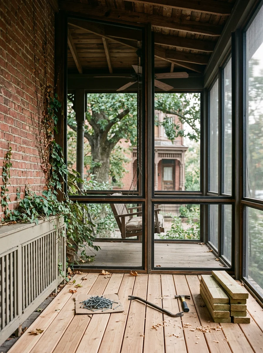 Portrait view of a screened porch enclosure on a Richmond, VA home, showing dark-framed screen panels, a wood-plank ceiling, and a ceiling fan mounted above a porch swing.