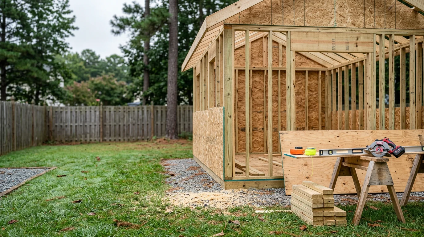 A newly constructed wood-framed accessory building in the backyard of a residential property in Chesterfield, Virginia. The structure features a pitched roof and sits on a prepared foundation behind the main home.