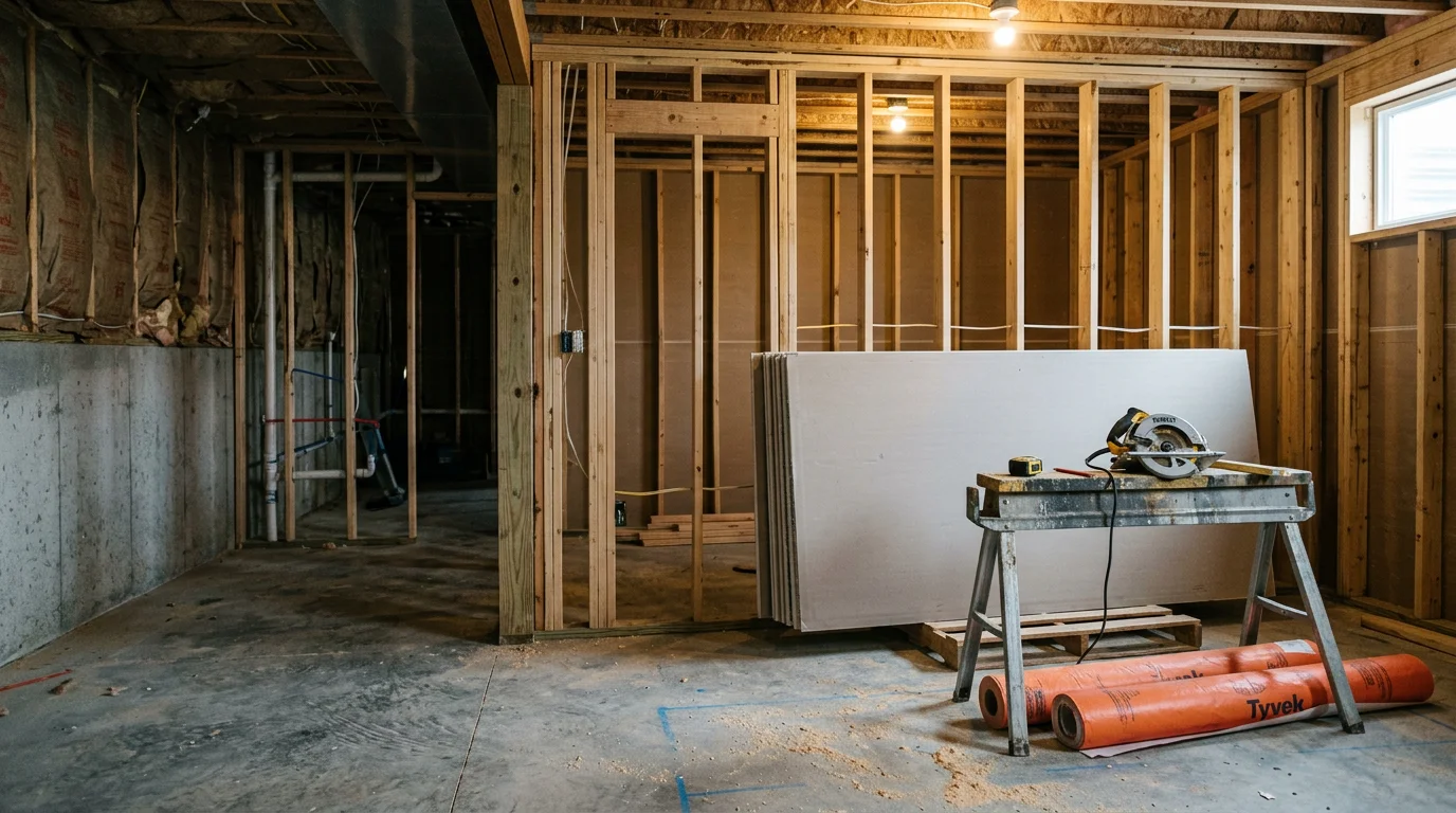 A finished basement in a Chesterfield, VA home featuring a carpeted family room area with recessed lighting and a defined home office space. The space shows a clean, livable layout converted from an unfinished below-grade area.