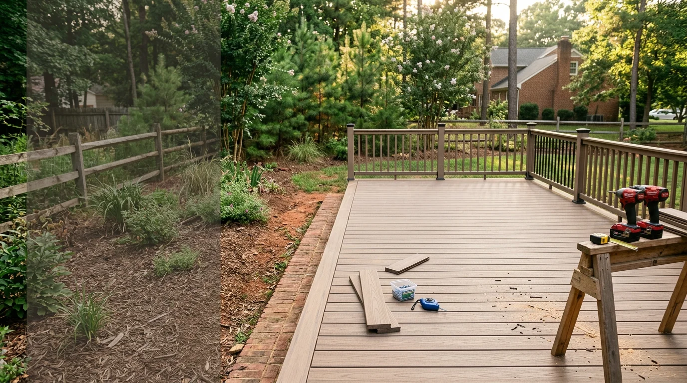A finished composite deck attached to a residential home in Chesterfield, VA, featuring clean board lines and a low-maintenance surface built for outdoor living. The deck extends into a backyard space suited for relaxing and gathering.