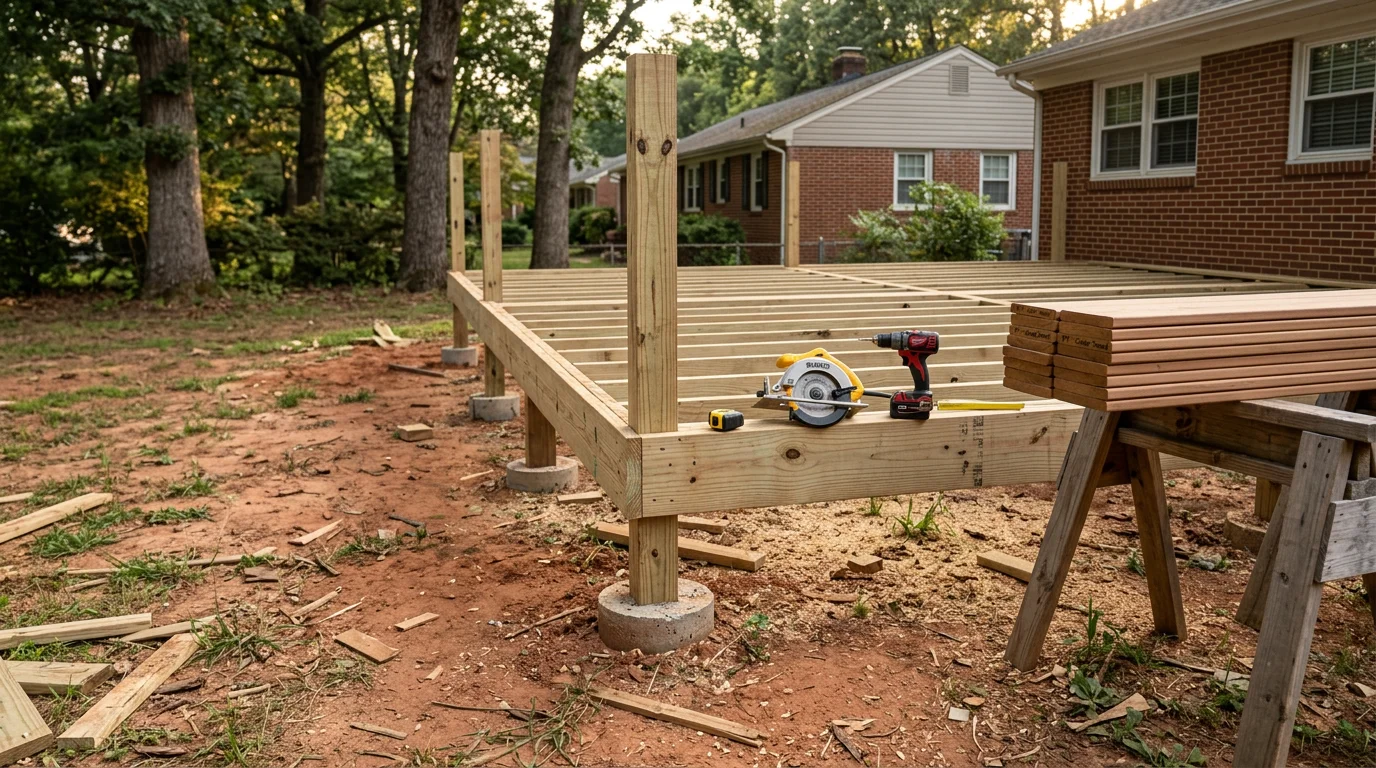 A newly constructed wood deck attached to the back of a single-family home in Chesterfield, VA, with clean framing, level decking boards, and a railed staircase leading to the yard.