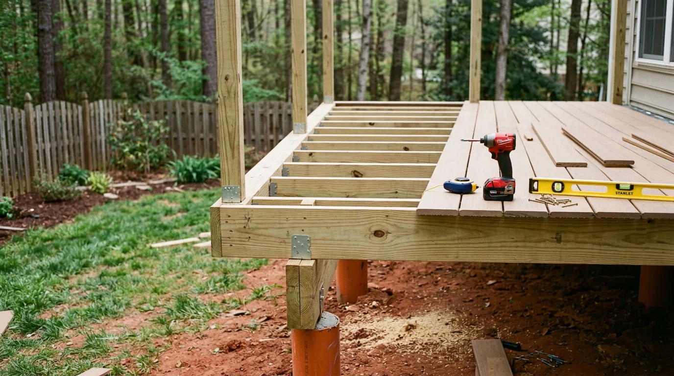 A newly installed backyard deck on a residential property in Chesterfield, VA, featuring clean framing, finished deck boards, and a railing system. The deck extends the home's living space into a landscaped outdoor area.