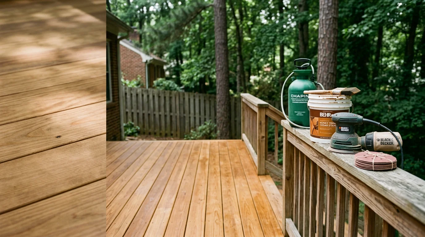 A freshly refinished wood deck on a residential home in Chesterfield, VA, showing clean, evenly stained boards and smooth railings after professional cleaning, sanding, and sealing.