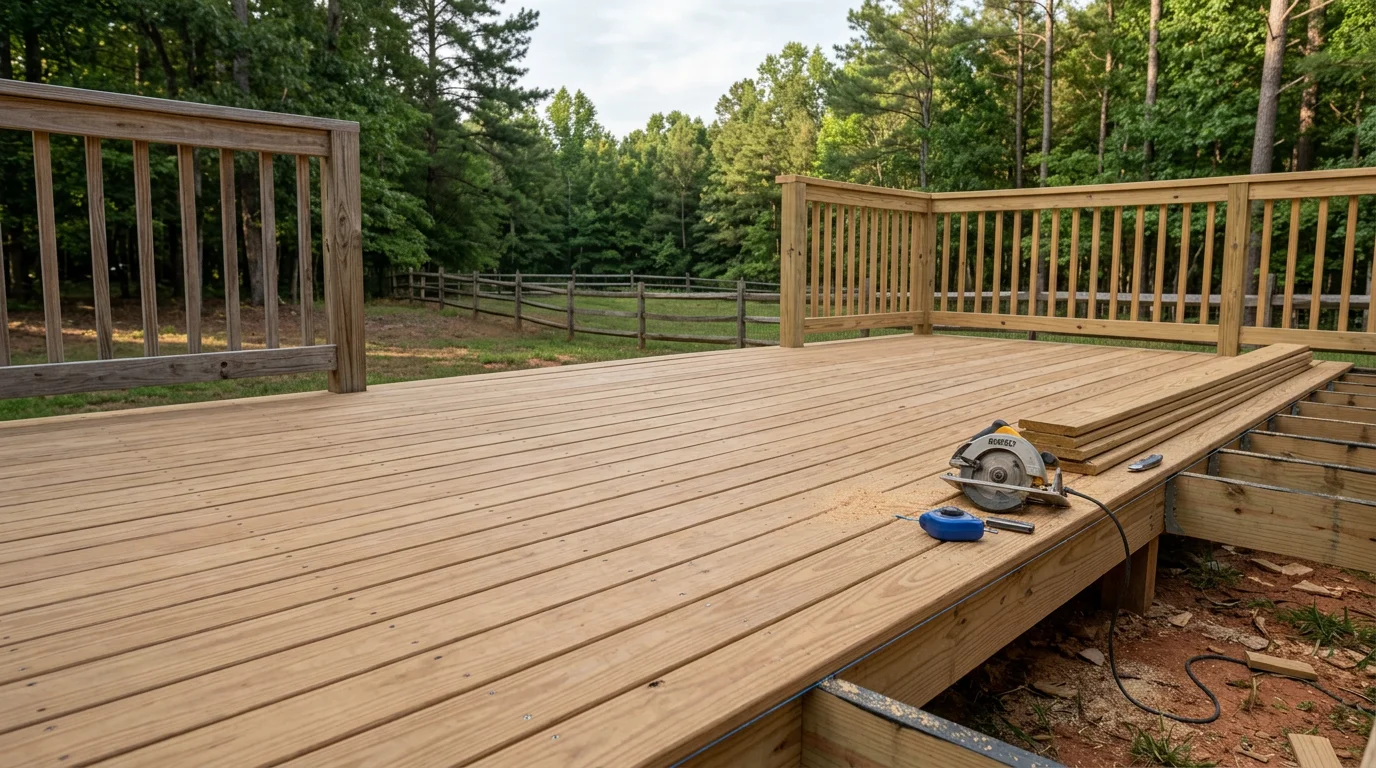 A remodeled backyard deck on a residential home in Chesterfield, VA, featuring updated decking boards and rebuilt railings. The finished deck extends the home's outdoor living space into a clean, open area suitable for seating and gatherings.