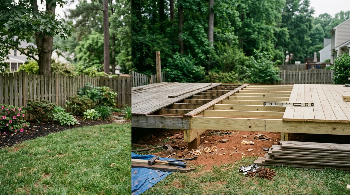 A newly completed deck replacement on a residential home in Chesterfield, VA, showing fresh framing and new decking boards installed in a backyard outdoor living area. The old deteriorated structure has been fully removed and replaced with a clean, level deck ready for family use.