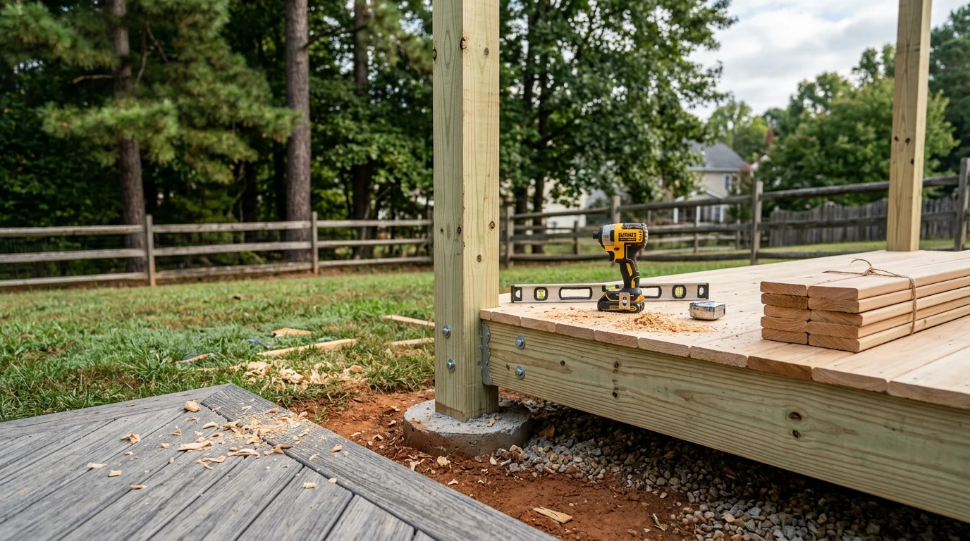 A repaired deck in Chesterfield, VA showing replaced boards, reinforced posts, and secured railings on a residential backyard structure. Close view of sound framing and tight rail connections after exterior structural repair work.
