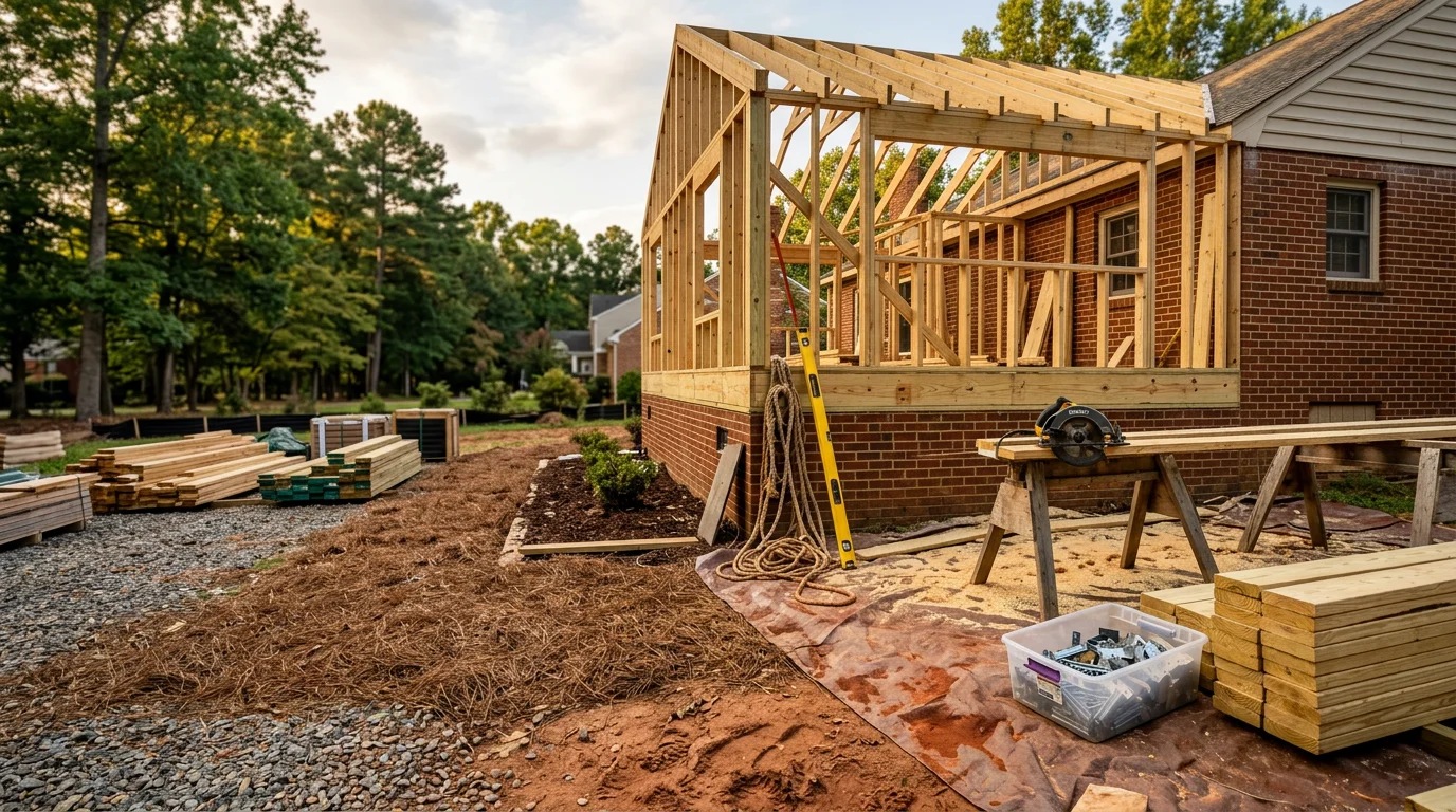 A completed residential construction addition on a single-family home in Chesterfield, Virginia, showing clean structural framing and finished outdoor living space. The project reflects organized, detail-focused general construction work typical of the Chesterfield and greater Richmond area.