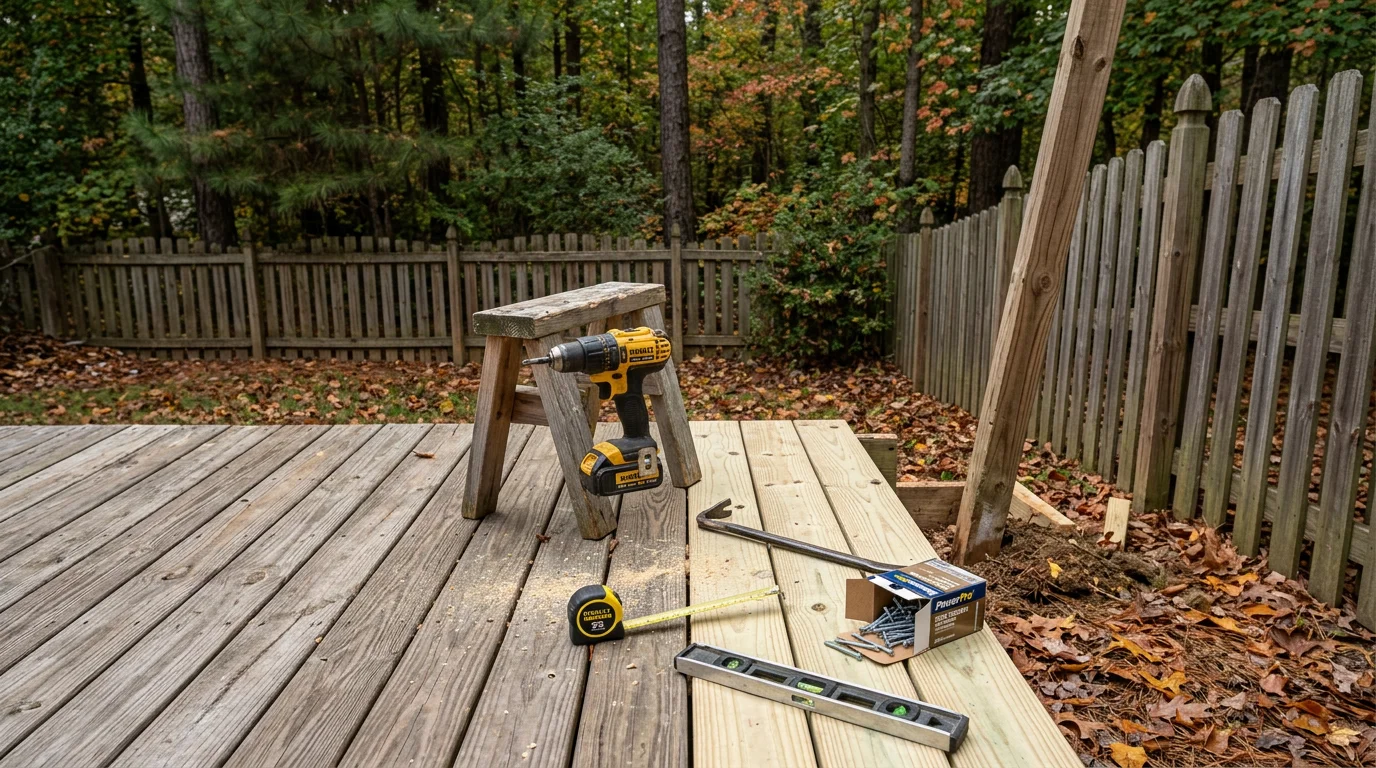 A repaired wood deck in a Chesterfield, VA backyard showing replaced boards and a secured railing on a residential home. Close view of a fixed fence post reset in concrete beside a restored picket section in a suburban Virginia yard.