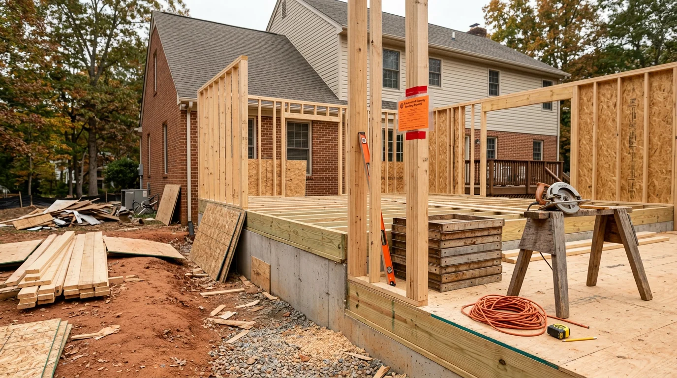 A newly constructed home addition attached to a single-family house in Chesterfield, Virginia, showing framed walls and a finished exterior that matches the existing roofline. The addition extends the rear of the home and connects to the backyard living area.