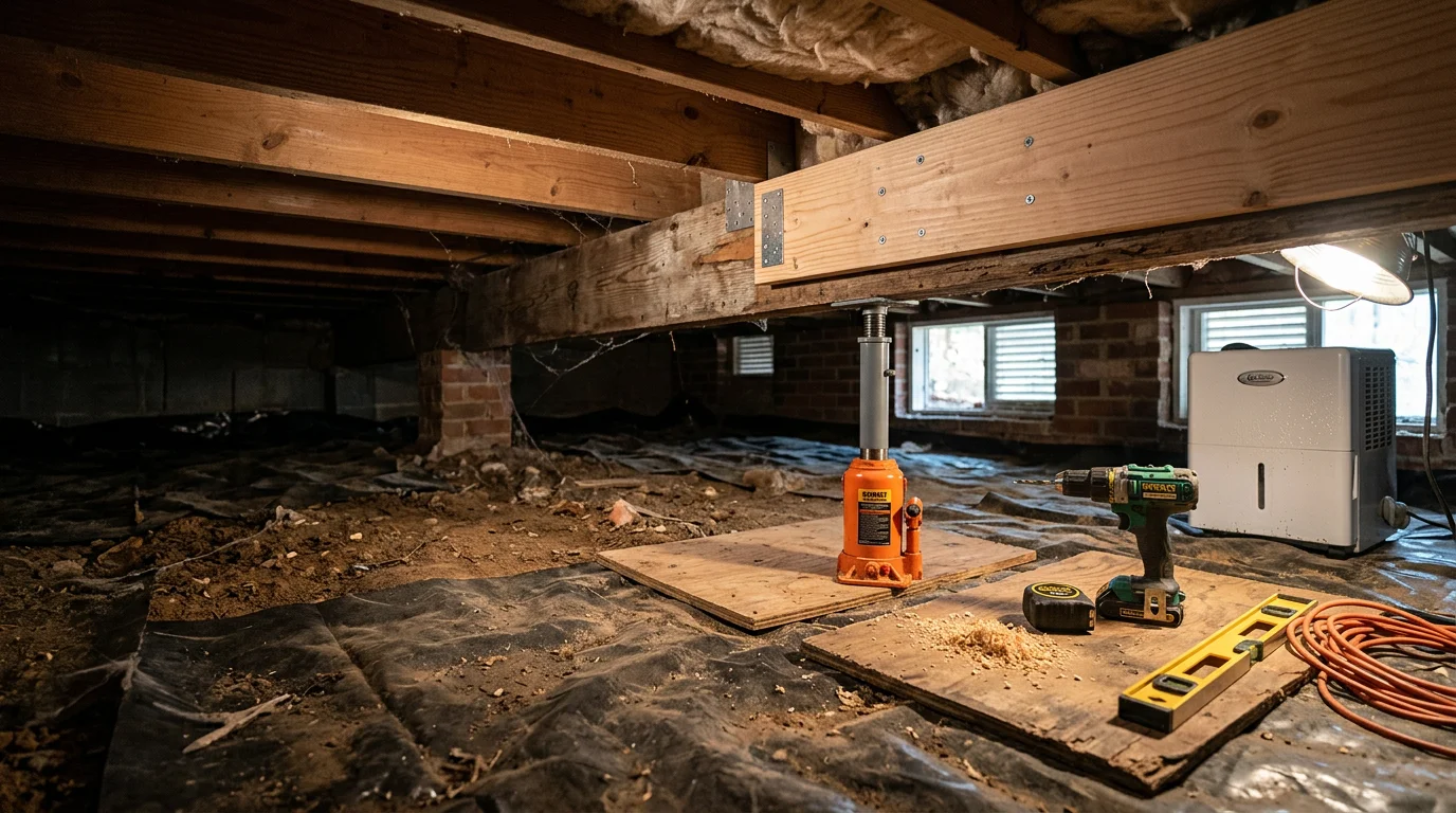 Interior structural repair work in a Chesterfield, VA home showing reinforced floor joists and corrected framing beneath a residential living space. Close-up view of repaired support members in a crawl space typical of Central Virginia homes.