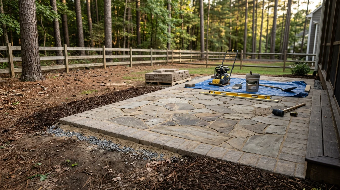 A finished backyard patio built by Johnston's Deck and Fence for a residential property in Chesterfield, VA. The patio provides a clean, level outdoor living area suited to the Virginia climate.