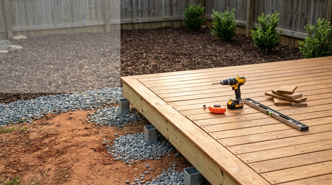 A finished patio deck attached to the back of a residential home in Chesterfield, VA, with clean framing, level decking boards, and open space for outdoor seating. The structure sits at ground level surrounded by a grassy backyard typical of the Richmond metro area.