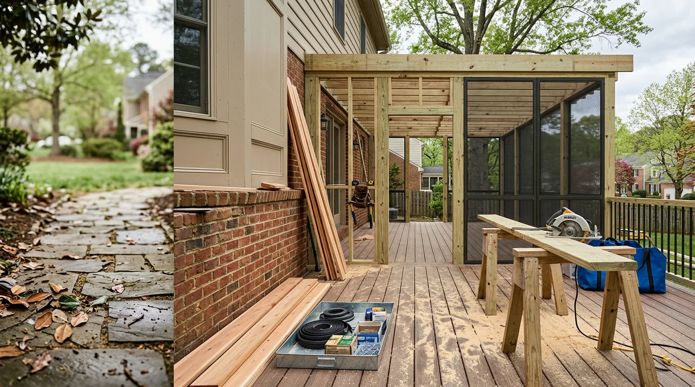 A newly constructed patio enclosure attached to a residential home in Chesterfield, VA, featuring screened panels and a covered roof that extends the outdoor living area. The enclosed space includes seating and overlooks a backyard typical of homes in the greater Richmond region.