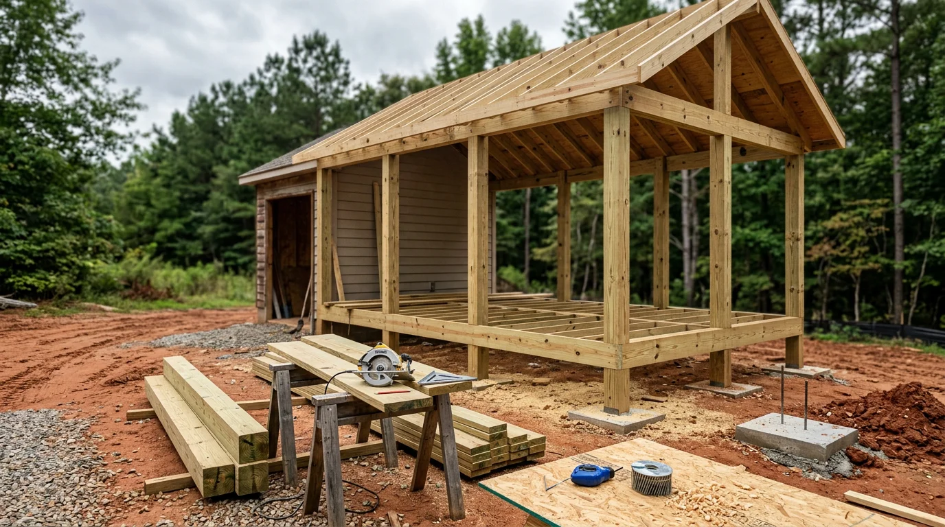 A newly constructed covered porch attached to a residential home in Chesterfield, VA, featuring a finished wood floor, painted columns, and a gabled roof that matches the existing roofline. The porch overlooks a backyard and provides shaded seating space for outdoor gatherings.