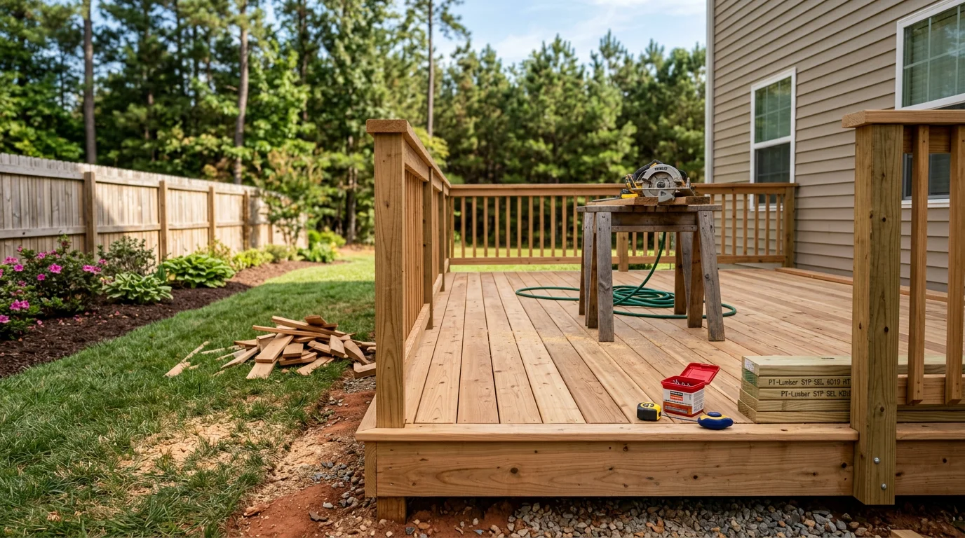 A remodeled outdoor living space at a single-family home in Chesterfield, VA, showing a rebuilt deck structure with updated railings and a clean, functional layout suited for family use.