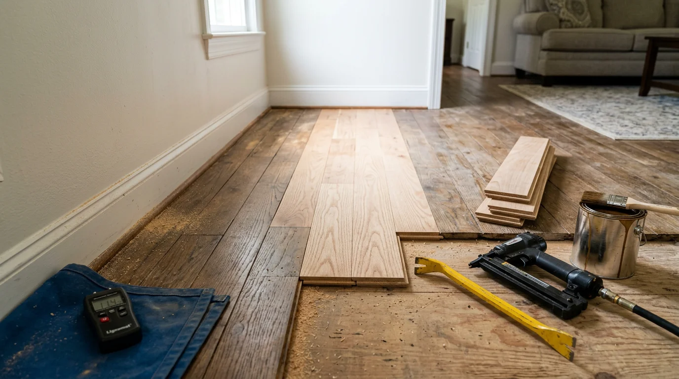 Close-up of repaired hardwood flooring boards in a Chesterfield, VA home, showing smooth, even planks with no visible gaps or surface damage. A contractor inspects the finished repair area in a well-lit residential room.