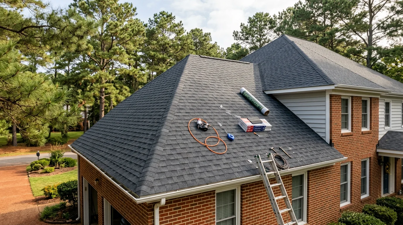 A newly installed residential roof on a single-family home in Chesterfield, VA, showing clean roofing lines and finished ridge detail. The surrounding yard reflects the wooded, suburban character common to Chesterfield County neighborhoods.