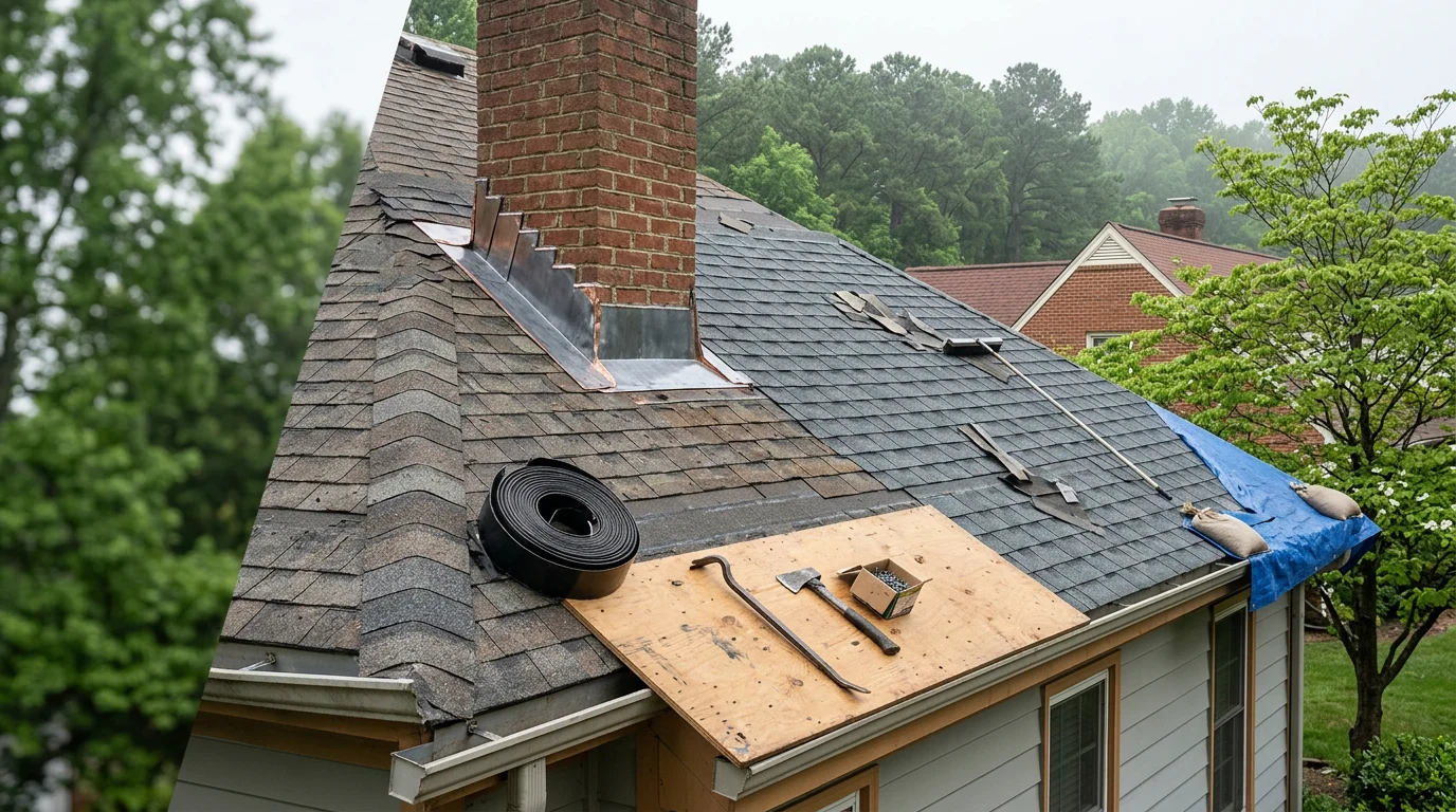 A residential roof in Chesterfield, VA showing repaired shingles and restored flashing after storm damage. The home exterior is visible against a clear sky, with the repaired roof section blending cleanly with the surrounding roofline.