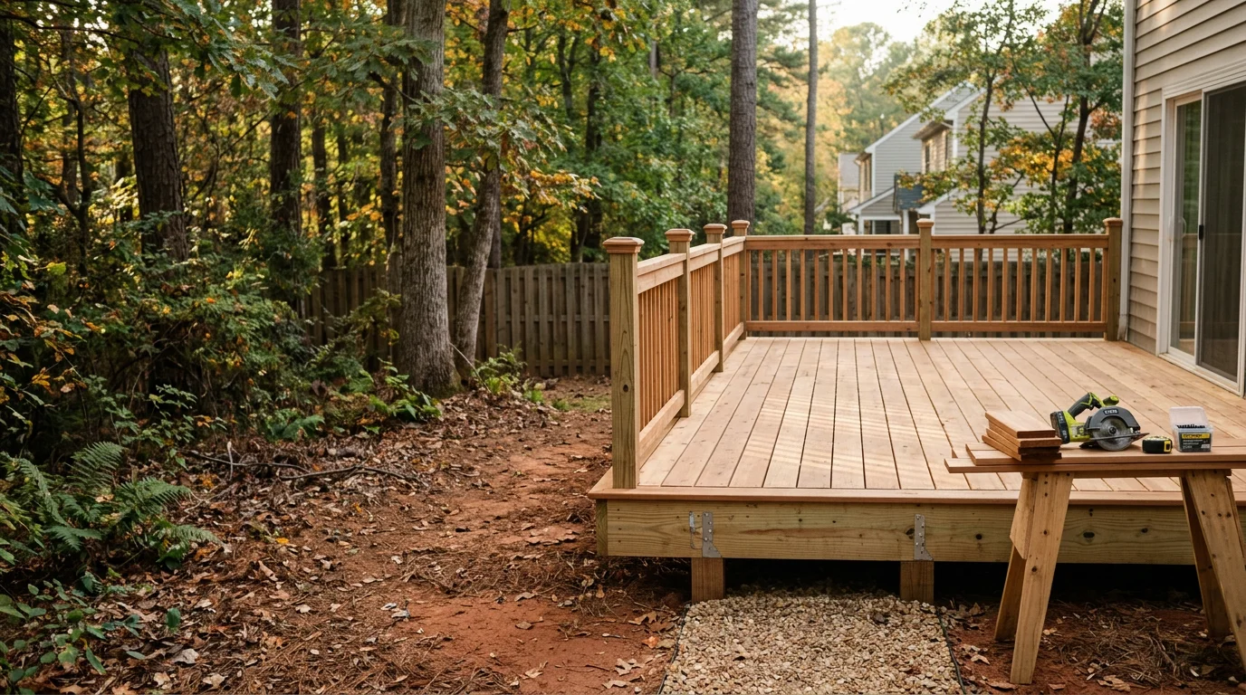 A newly built natural wood deck attached to the back of a residential home in Chesterfield, VA, with clean framing, wood plank decking, and a railed staircase leading to the backyard.